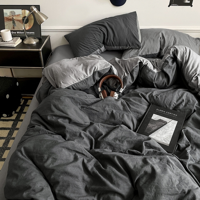 91家纺网 家纺一手货源 找家纺 梦卓家纺 2025爆款ins风超柔褶皱亲肤磨毛水洗棉四件套 深空灰