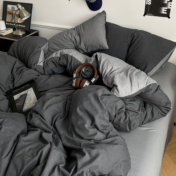 91家纺网 家纺一手货源 找家纺 梦卓家纺 2025爆款ins风超柔褶皱亲肤磨毛水洗棉四件套 深空灰