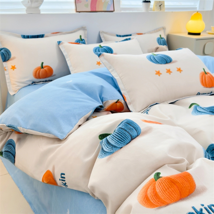 91家纺网 家纺一手货源 找家纺 2025新款直播爆款高克重植物羊绒四件套 南瓜派对