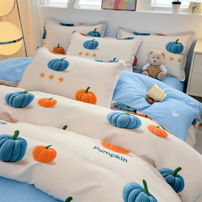 91家纺网 家纺一手货源 找家纺 2025新款直播爆款高克重植物羊绒四件套 南瓜派对