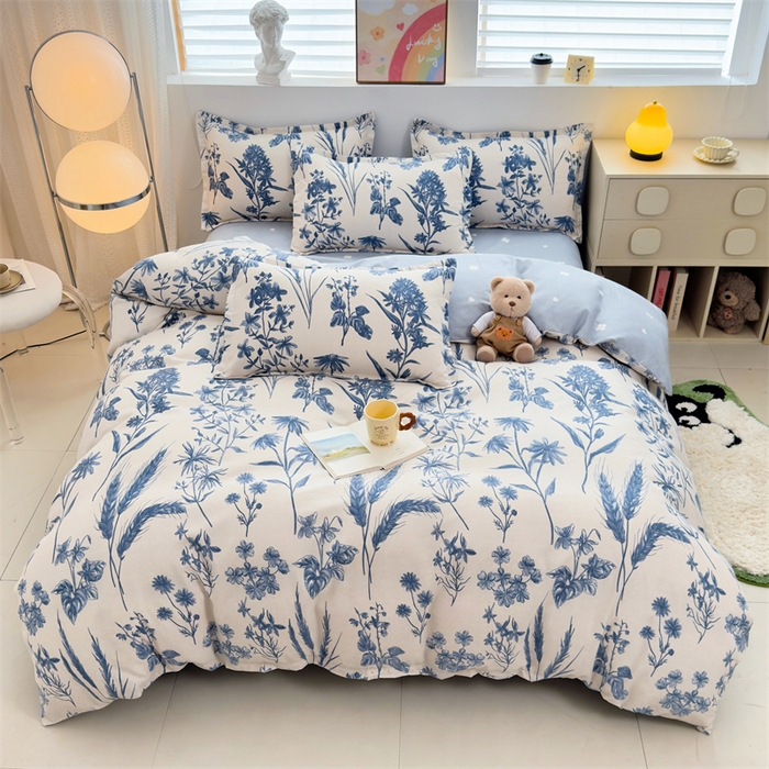 91家纺网 家纺一手货源 找家纺 2025新款直播爆款高克重植物羊绒四件套 青花野卉