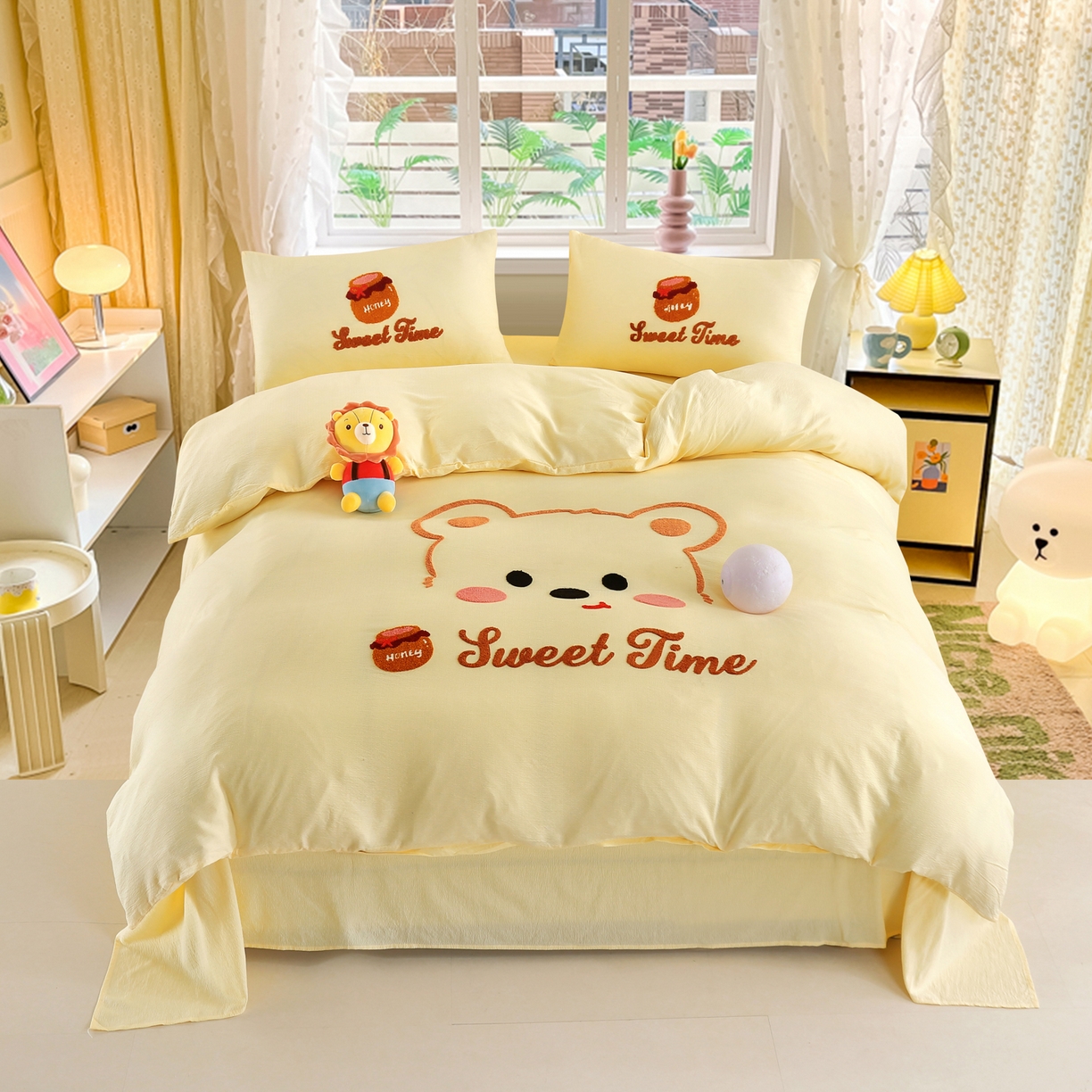 恋之语 2025新款皱皱纱毛巾绣四件套及单被套系列-俏皮熊 俏皮熊-黄色