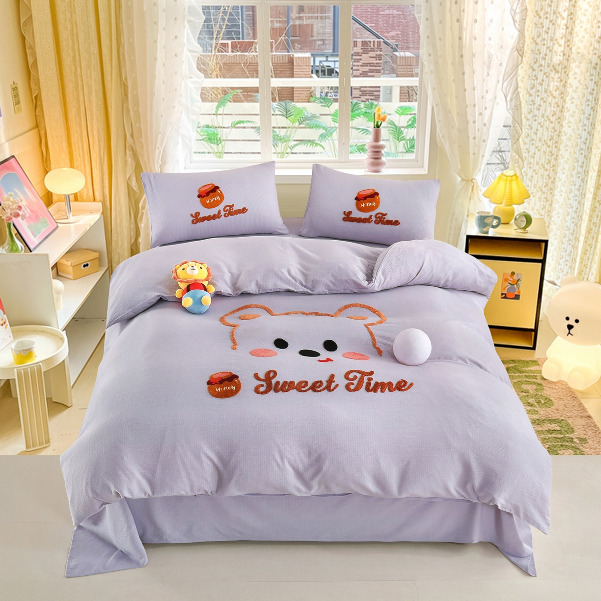 91家纺网 家纺一手货源 找家纺 （总）恋之语 2025新款皱皱纱木棉毛巾绣四件套及单被套系列-俏皮熊