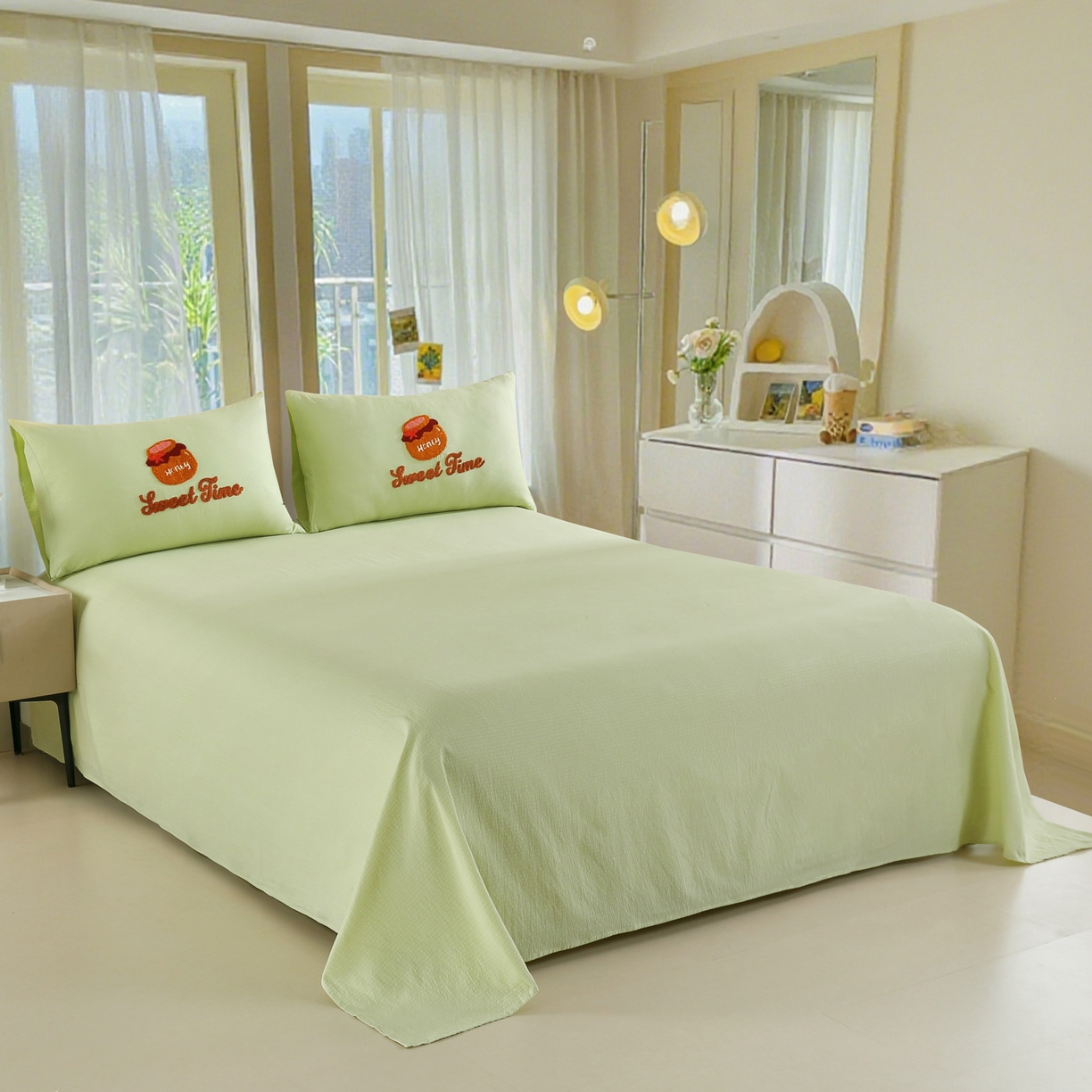 91家纺网 家纺一手货源 找家纺 恋之语 2025新款皱皱纱木棉毛巾绣四件套及单被套系列-俏皮熊 俏皮熊-抹茶绿