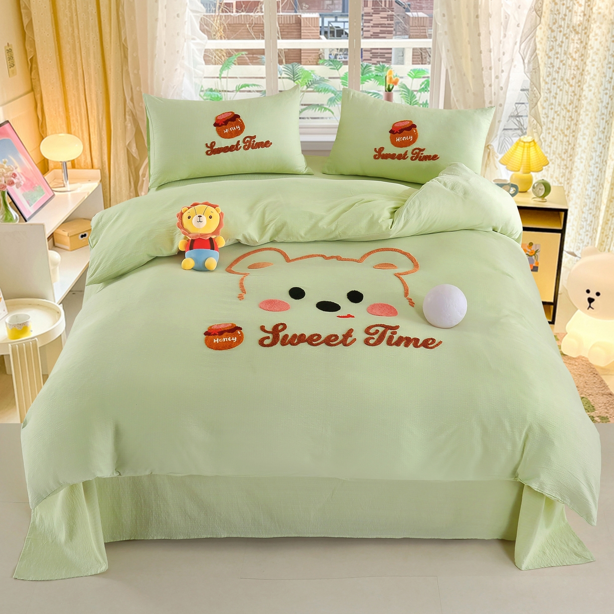 恋之语 2025新款皱皱纱木棉毛巾绣四件套及单被套系列-俏皮熊 俏皮熊-抹茶绿