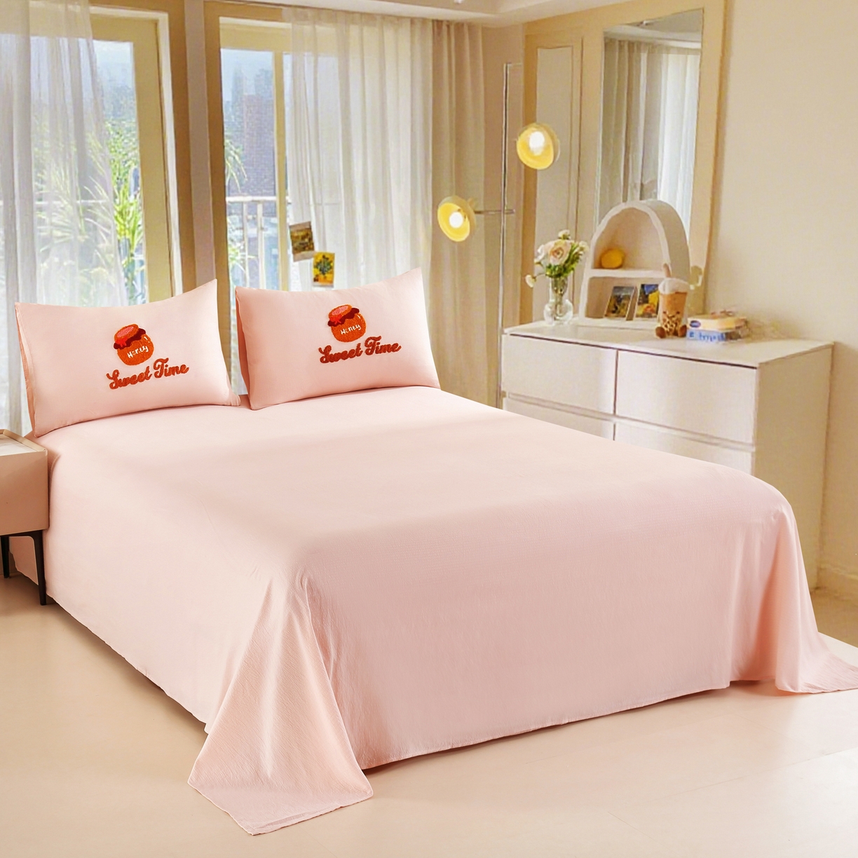 91家纺网 家纺一手货源 找家纺 （总）恋之语 2025新款皱皱纱木棉毛巾绣四件套及单被套系列-俏皮熊