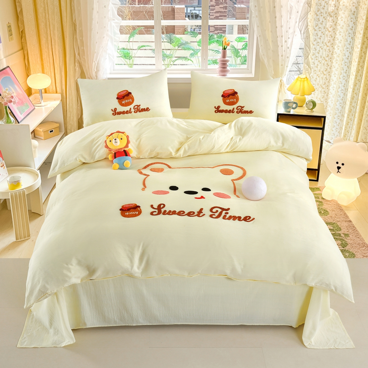 91家纺网 家纺一手货源 找家纺 （总）恋之语 2025新款皱皱纱木棉毛巾绣四件套及单被套系列-俏皮熊