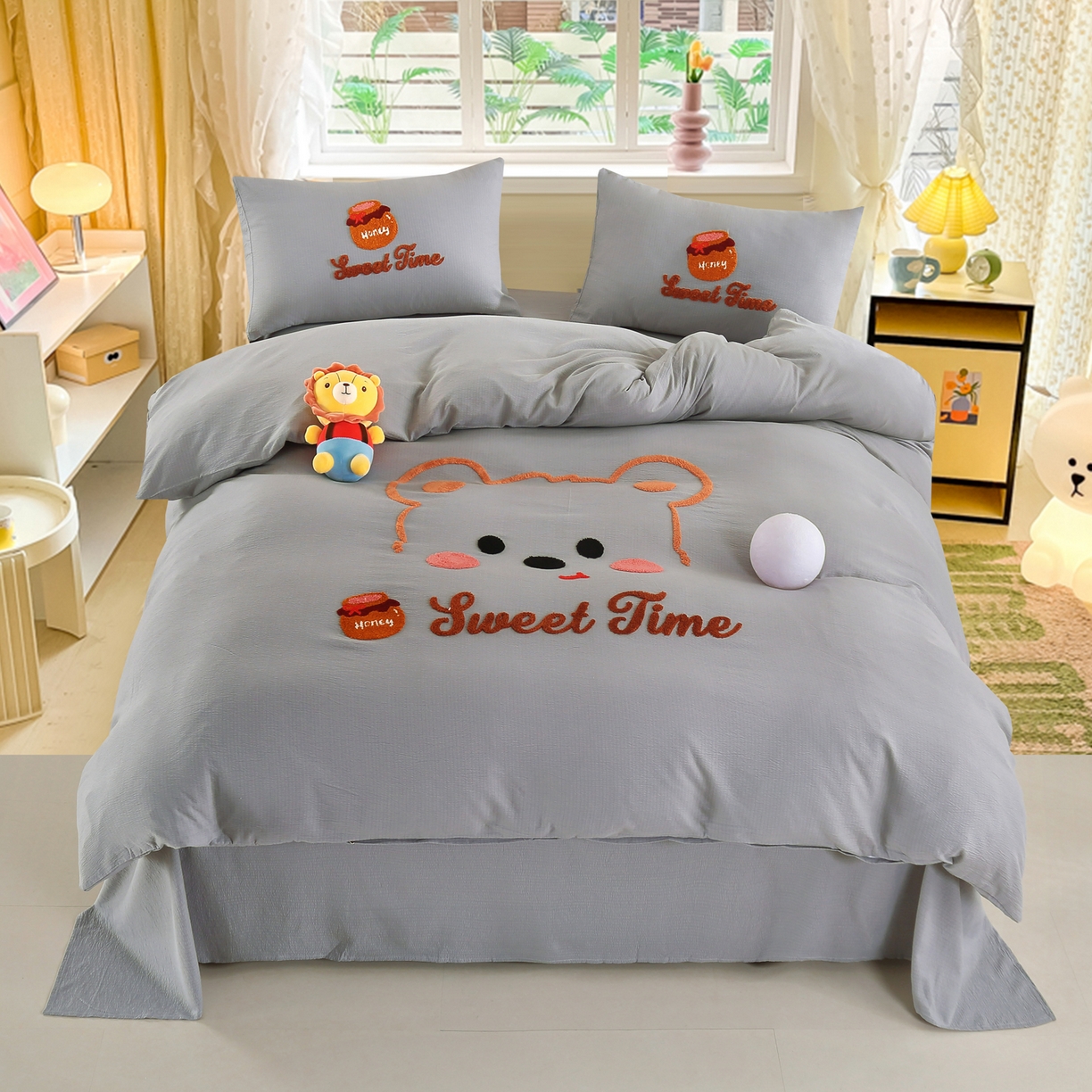 恋之语 2025新款皱皱纱木棉毛巾绣四件套及单被套系列-俏皮熊 俏皮熊-浅灰色