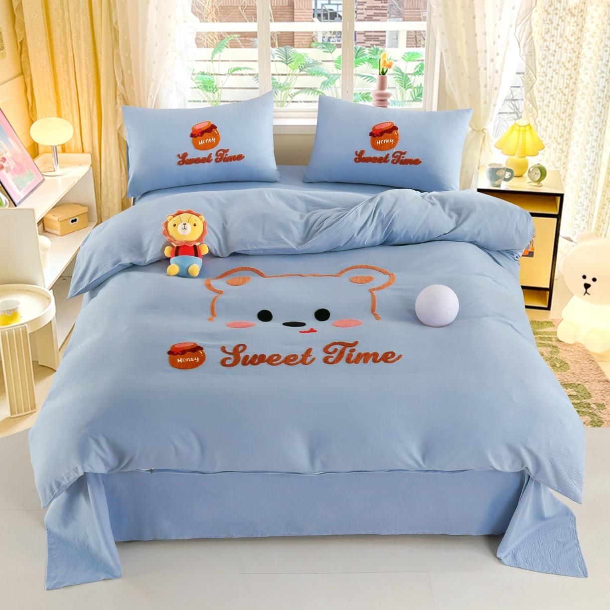 恋之语 2025新款皱皱纱木棉毛巾绣四件套及单被套系列-俏皮熊 俏皮熊-天蓝