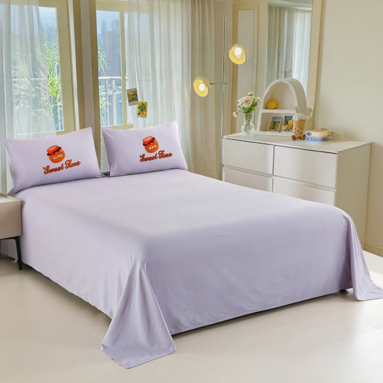 91家纺网 家纺一手货源 找家纺 恋之语 2025新款皱皱纱木棉毛巾绣四件套及单被套系列-俏皮熊 俏皮熊-紫色