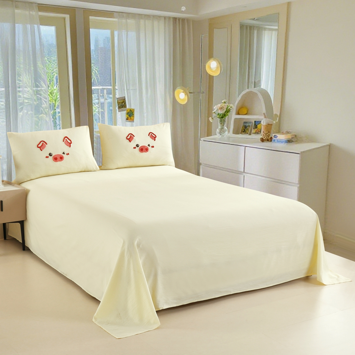 91家纺网 家纺一手货源 找家纺 恋之语 2025新款皱皱纱木棉毛巾绣四件套及单被套系列-可爱猪 可爱猪-米白