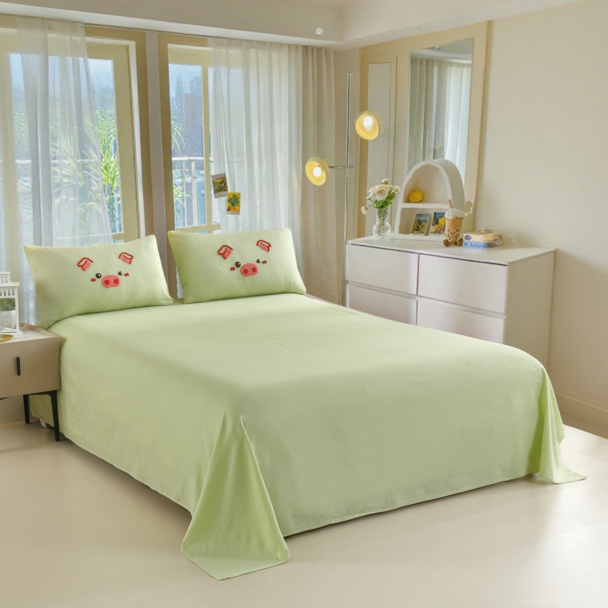 91家纺网 家纺一手货源 找家纺 恋之语 2025新款皱皱纱木棉毛巾绣四件套及单被套系列-可爱猪 可爱猪-抹茶绿