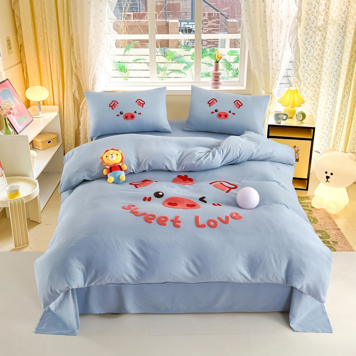 91家纺网 家纺一手货源 找家纺 （总）恋之语 2025新款皱皱纱木棉毛巾绣四件套及单被套系列-可爱猪