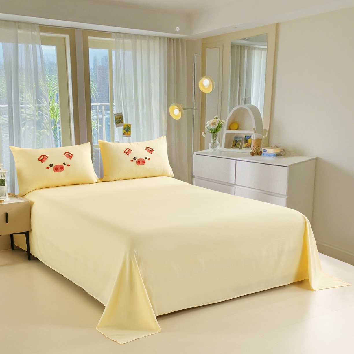 91家纺网 家纺一手货源 找家纺 （总）恋之语 2025新款皱皱纱木棉毛巾绣四件套及单被套系列-可爱猪