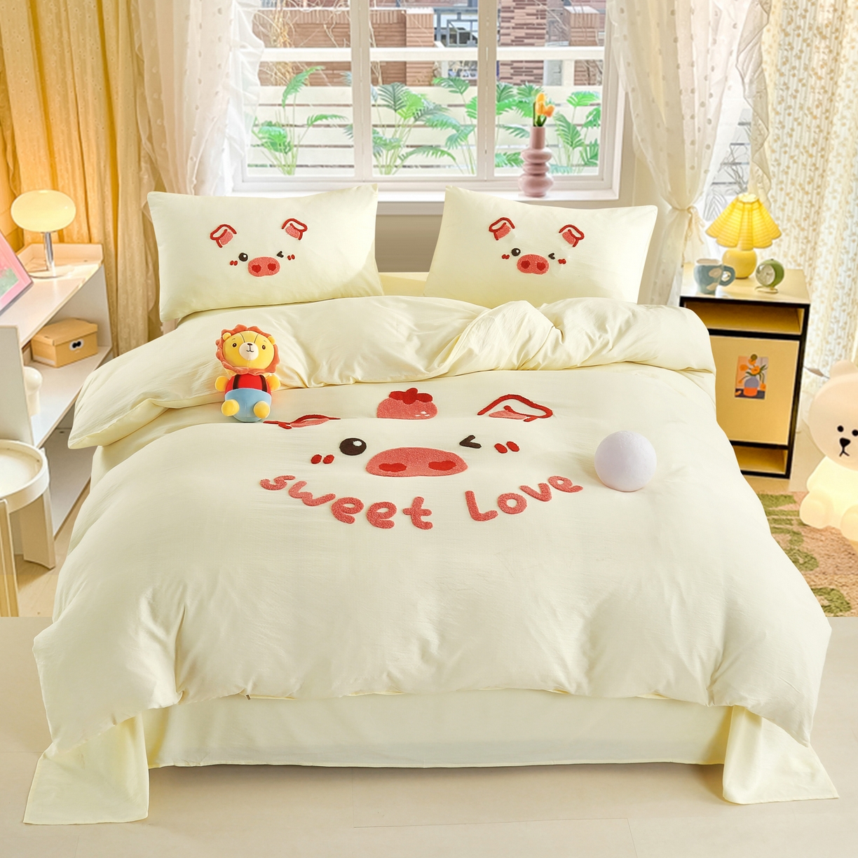 91家纺网 家纺一手货源 找家纺 （总）恋之语 2025新款皱皱纱木棉毛巾绣四件套及单被套系列-可爱猪