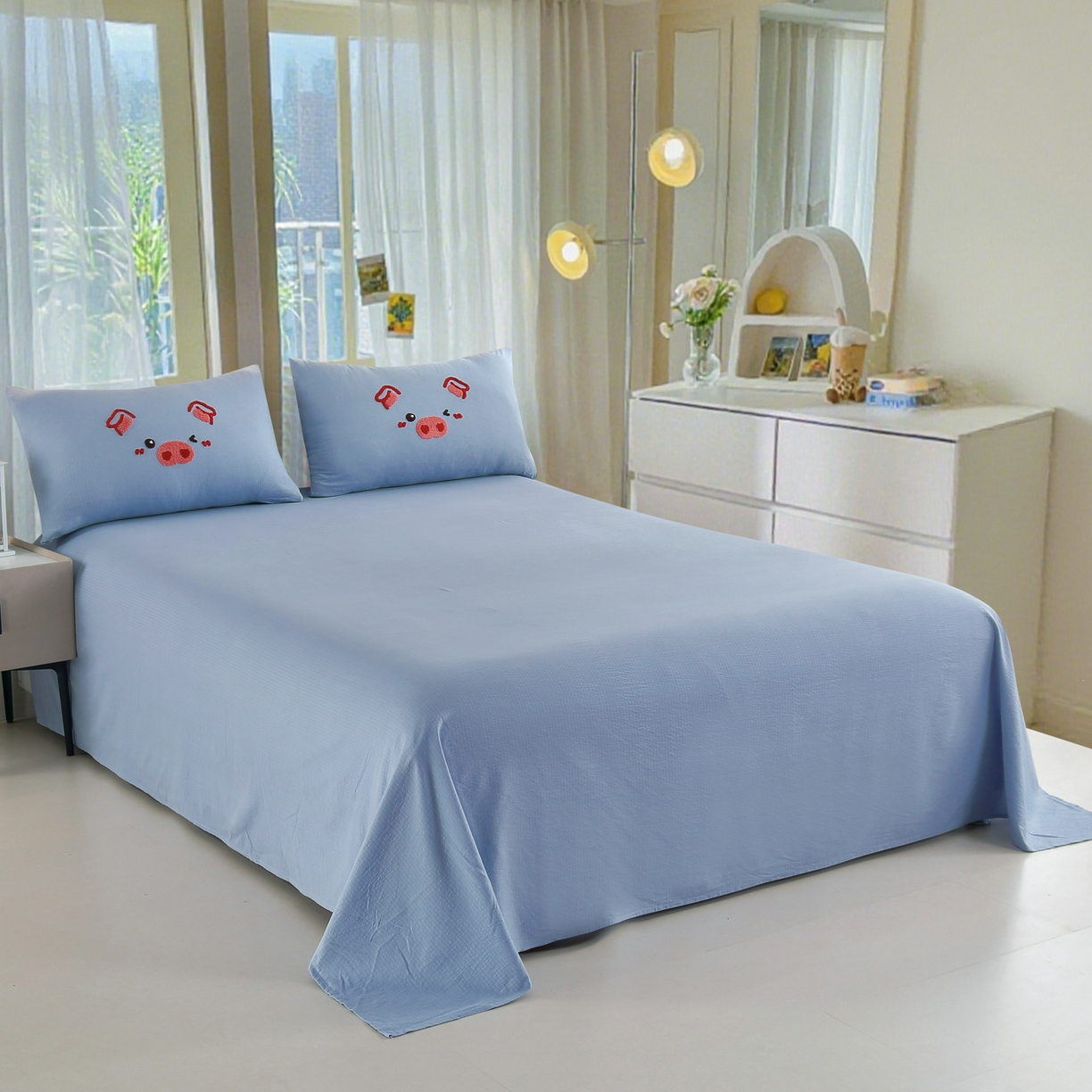 91家纺网 家纺一手货源 找家纺 恋之语 2025新款皱皱纱木棉毛巾绣四件套及单被套系列-可爱猪 可爱猪-天蓝