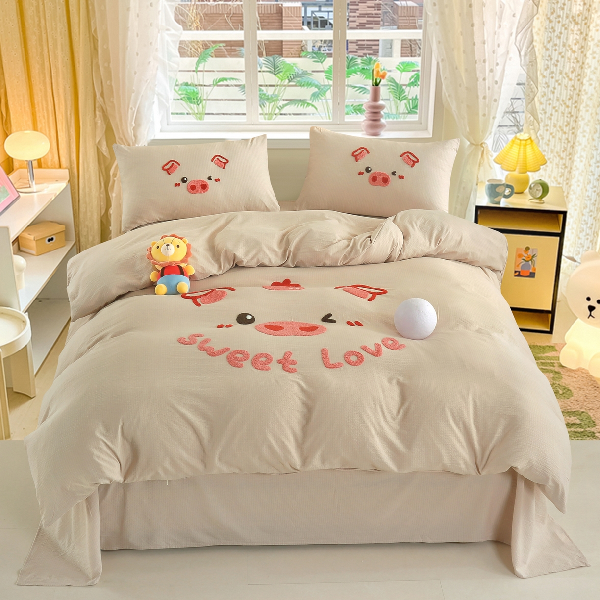 恋之语 2025新款皱皱纱木棉毛巾绣四件套及单被套系列-可爱猪 可爱猪-浅咖