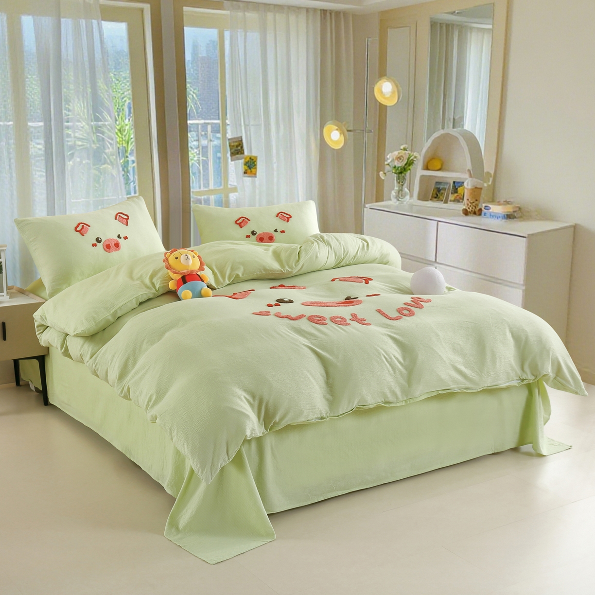 91家纺网 家纺一手货源 找家纺 恋之语 2025新款皱皱纱木棉毛巾绣四件套及单被套系列-可爱猪 可爱猪-抹茶绿