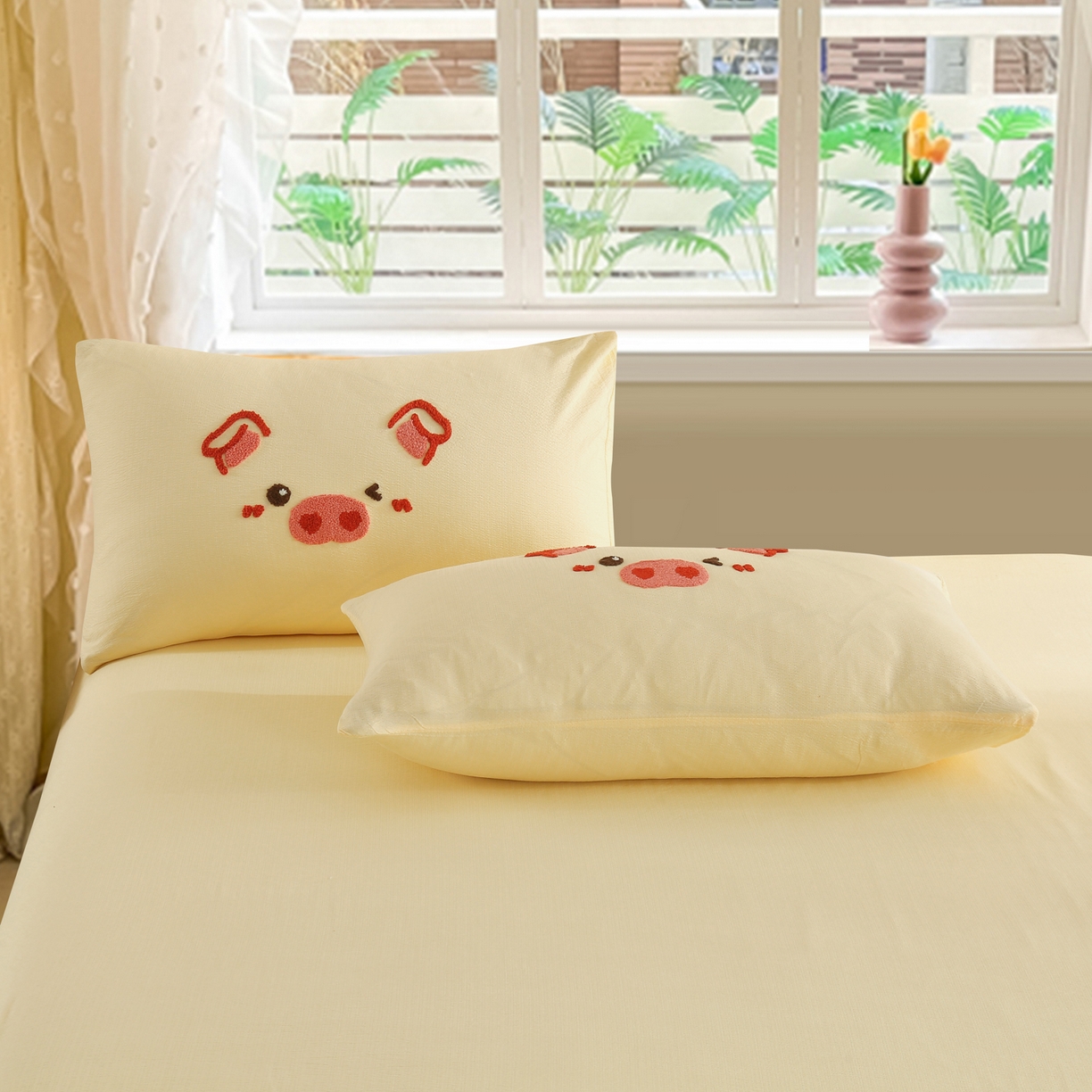 91家纺网 家纺一手货源 找家纺 （总）恋之语 2025新款皱皱纱木棉毛巾绣四件套及单被套系列-可爱猪