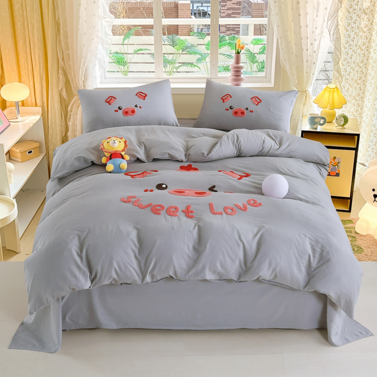 91家纺网 家纺一手货源 找家纺 （总）恋之语 2025新款皱皱纱木棉毛巾绣四件套及单被套系列-可爱猪