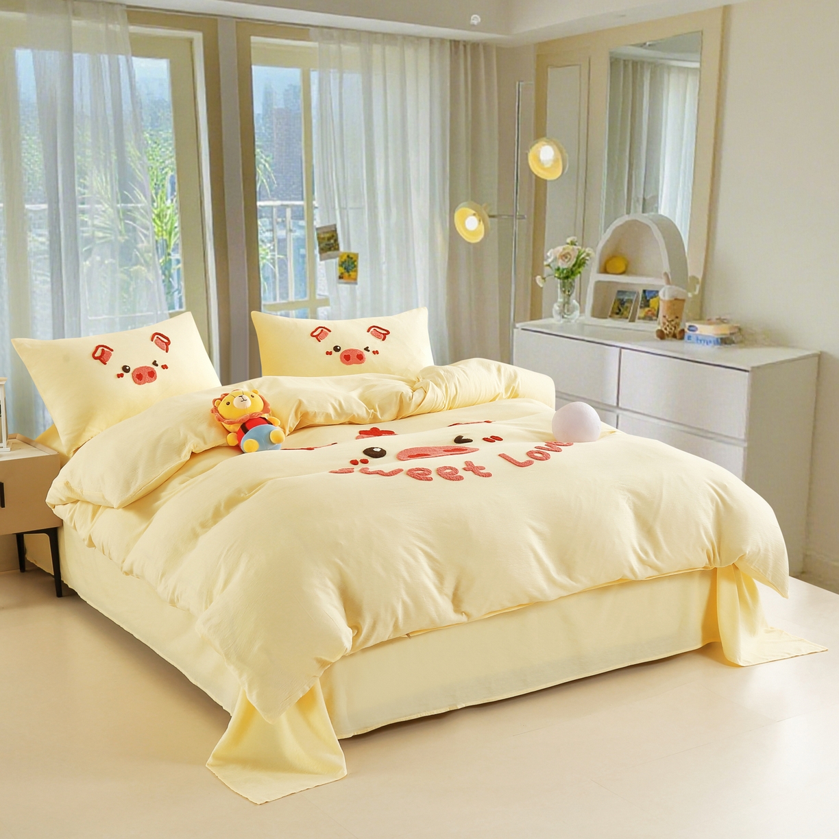 91家纺网 家纺一手货源 找家纺 （总）恋之语 2025新款皱皱纱木棉毛巾绣四件套及单被套系列-可爱猪