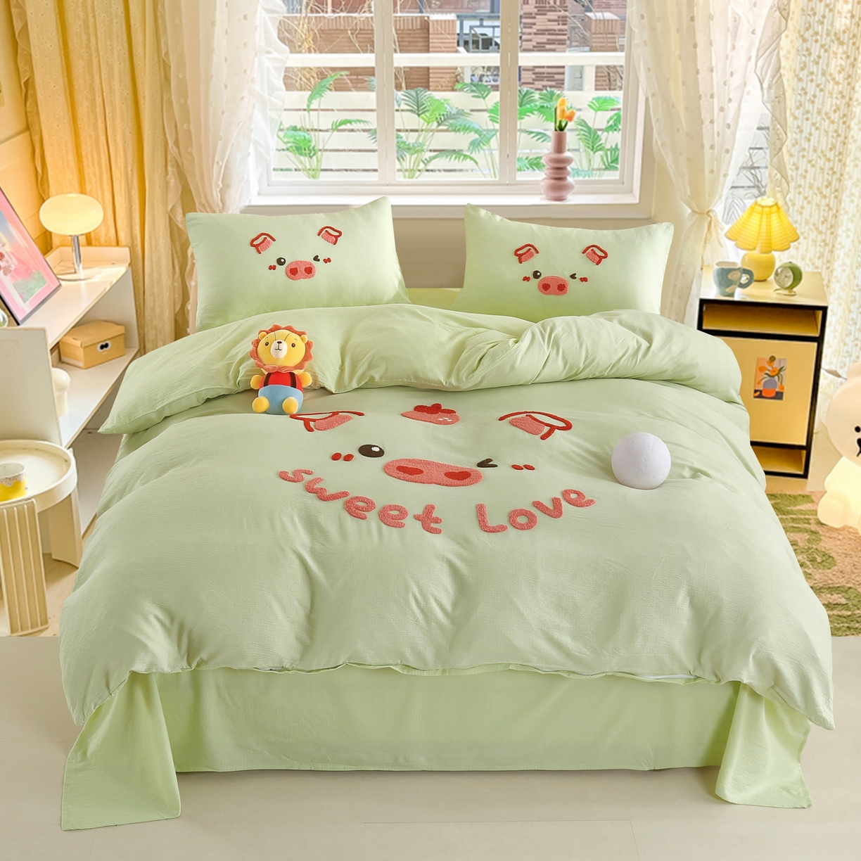 恋之语 2025新款皱皱纱木棉毛巾绣四件套及单被套系列-可爱猪 可爱猪-抹茶绿