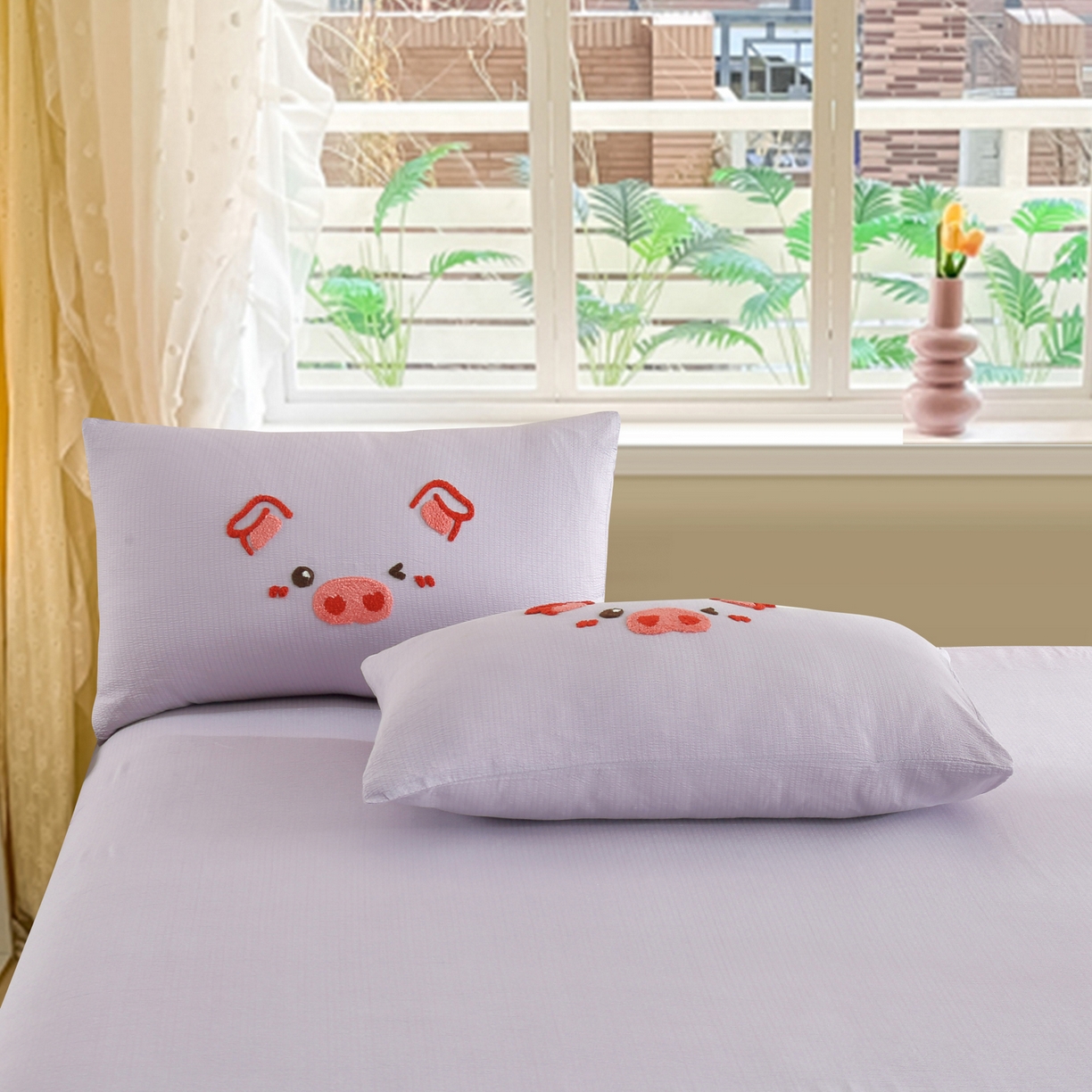 91家纺网 家纺一手货源 找家纺 恋之语 2025新款皱皱纱木棉毛巾绣四件套及单被套系列-可爱猪 可爱猪-紫色