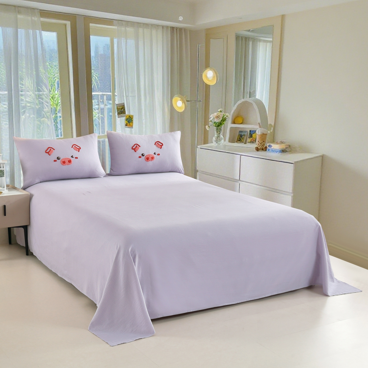 91家纺网 家纺一手货源 找家纺 恋之语 2025新款皱皱纱木棉毛巾绣四件套及单被套系列-可爱猪 可爱猪-紫色