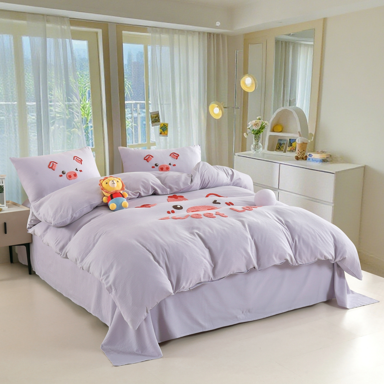 91家纺网 家纺一手货源 找家纺 恋之语 2025新款皱皱纱木棉毛巾绣四件套及单被套系列-可爱猪 可爱猪-紫色