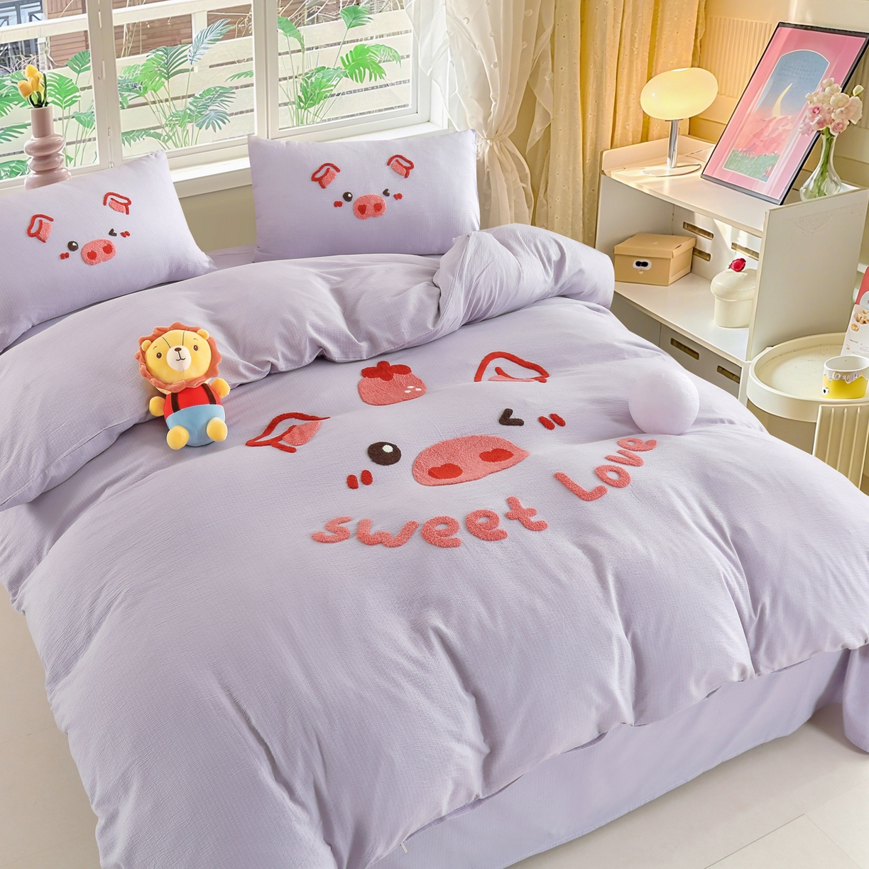 91家纺网 家纺一手货源 找家纺 恋之语 2025新款皱皱纱木棉毛巾绣四件套及单被套系列-可爱猪 可爱猪-紫色