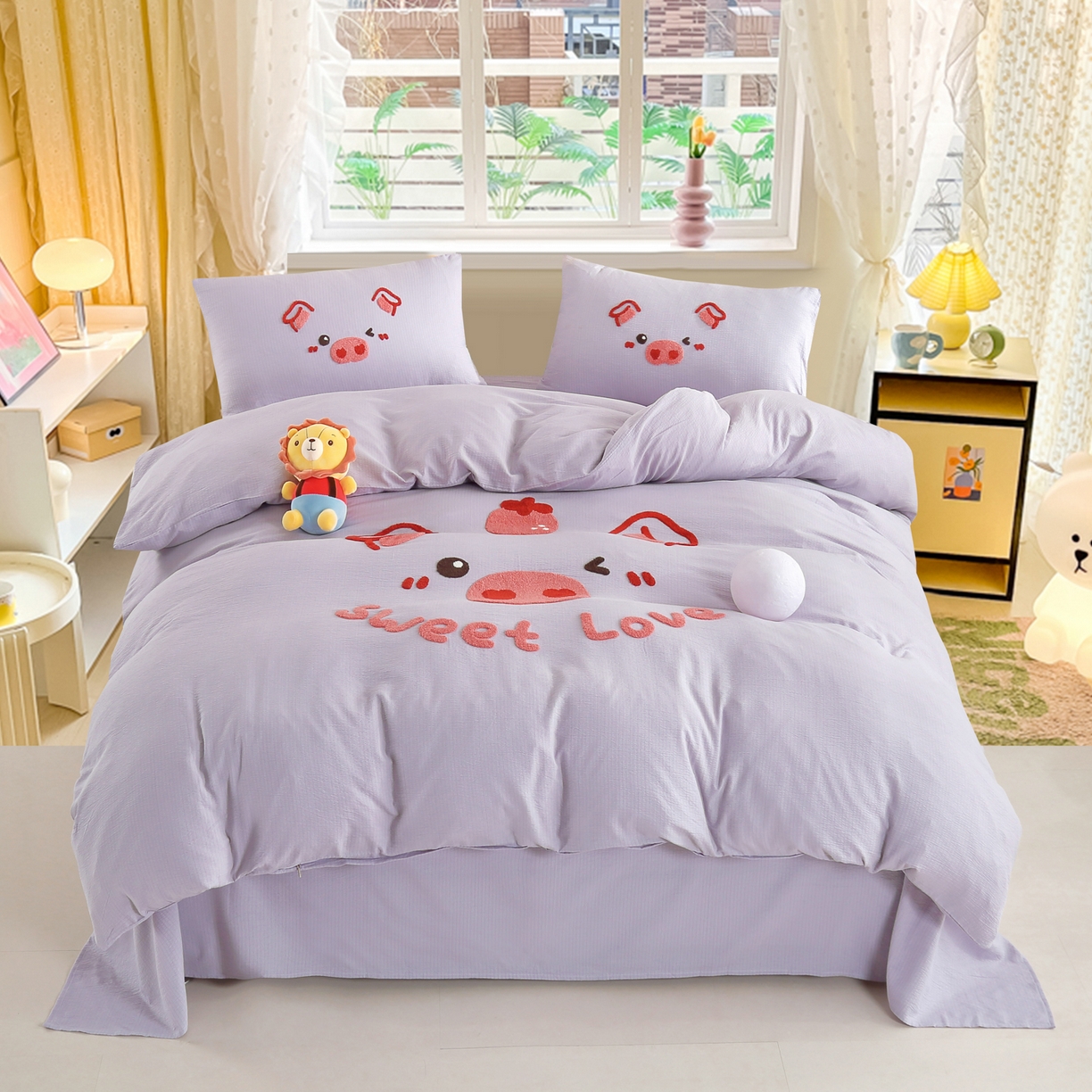 恋之语 2025新款皱皱纱木棉毛巾绣四件套及单被套系列-可爱猪 可爱猪-紫色
