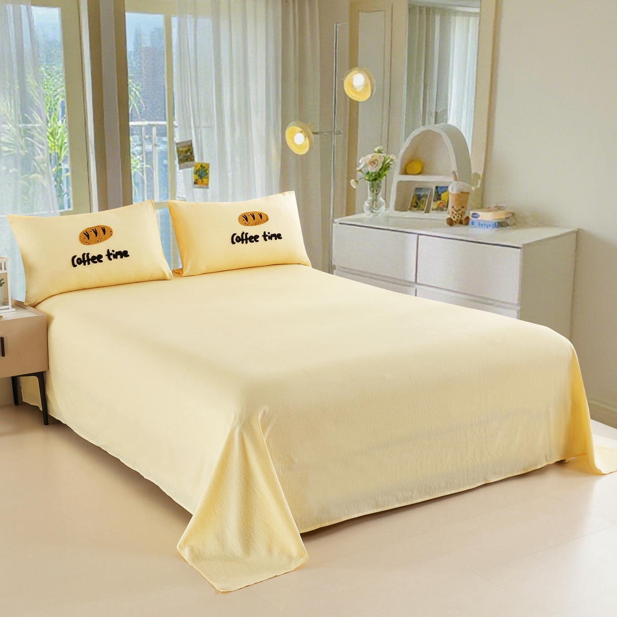 91家纺网 家纺一手货源 找家纺 恋之语 2025新款皱皱纱木棉毛巾绣四件套及单被套系列-乖乖狗 乖乖狗-黄色