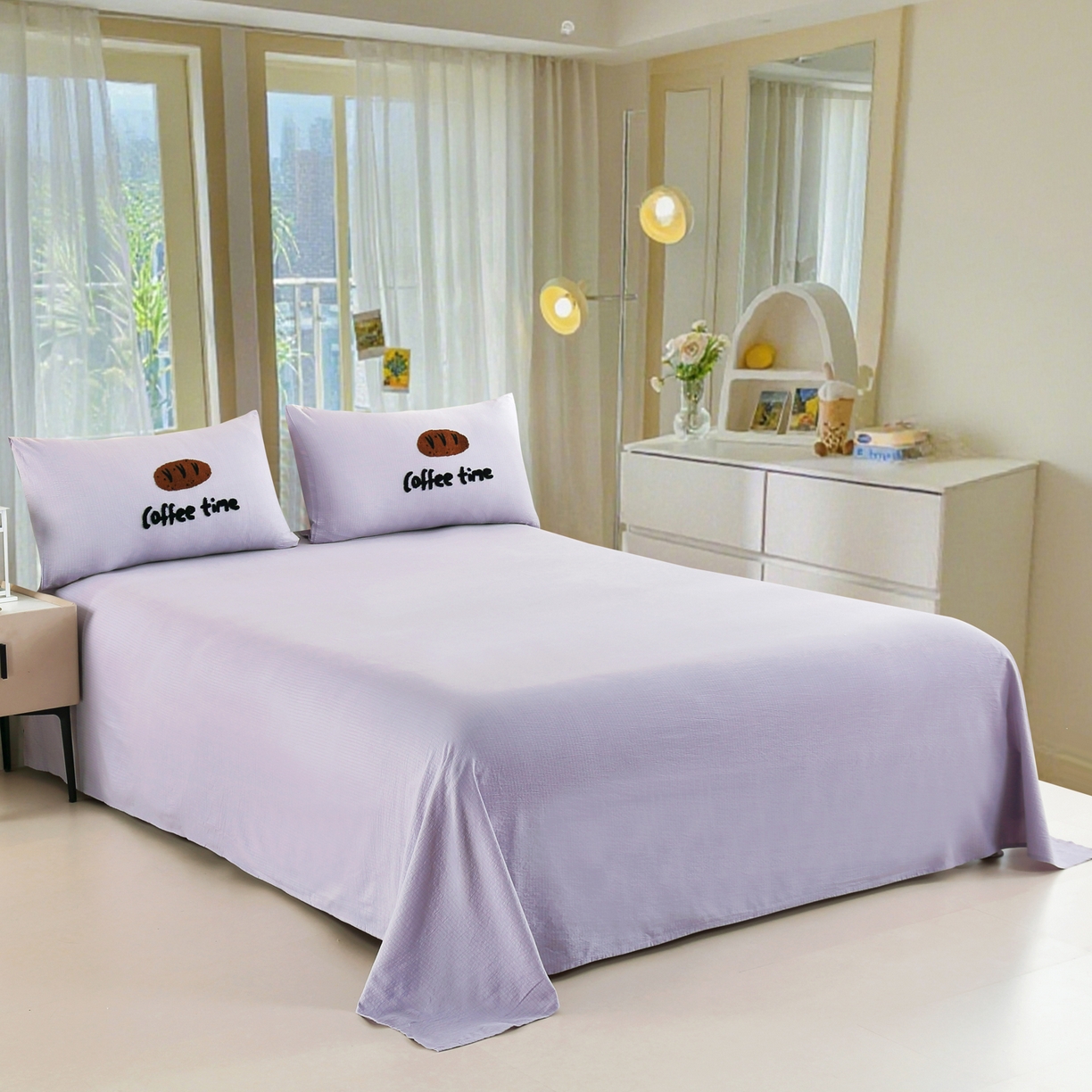 91家纺网 家纺一手货源 找家纺 恋之语 2025新款皱皱纱木棉毛巾绣四件套及单被套系列-乖乖狗 乖乖狗-紫色