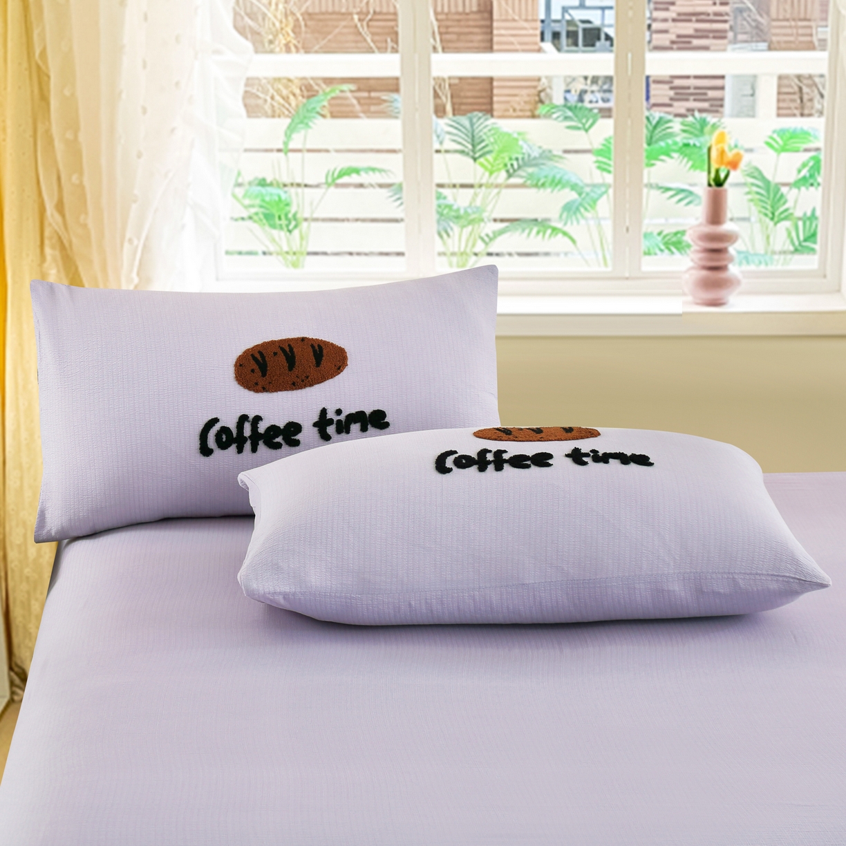 91家纺网 家纺一手货源 找家纺 恋之语 2025新款皱皱纱木棉毛巾绣四件套及单被套系列-乖乖狗 乖乖狗-紫色