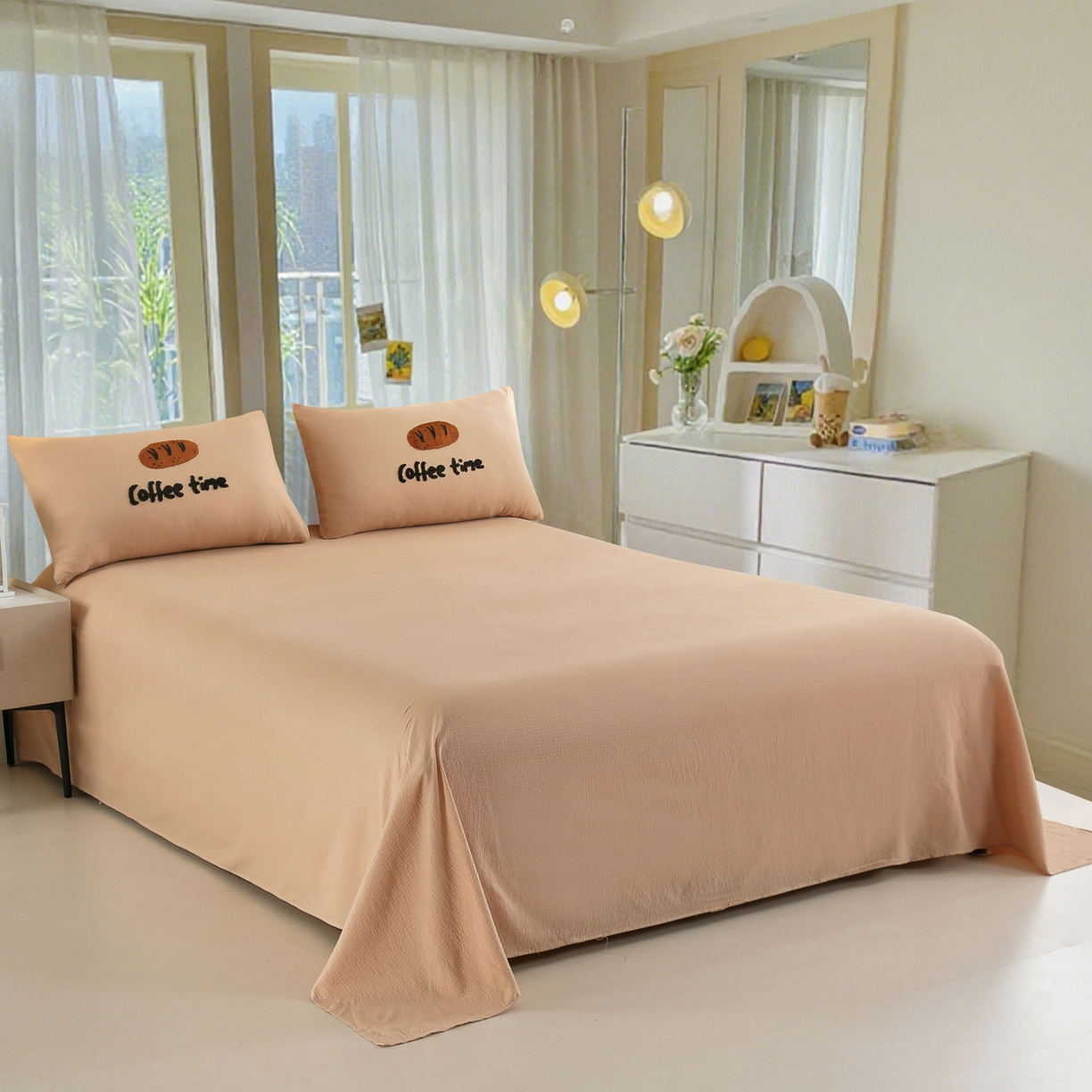 91家纺网 家纺一手货源 找家纺 恋之语 2025新款皱皱纱木棉毛巾绣四件套及单被套系列-乖乖狗 乖乖狗-浅咖