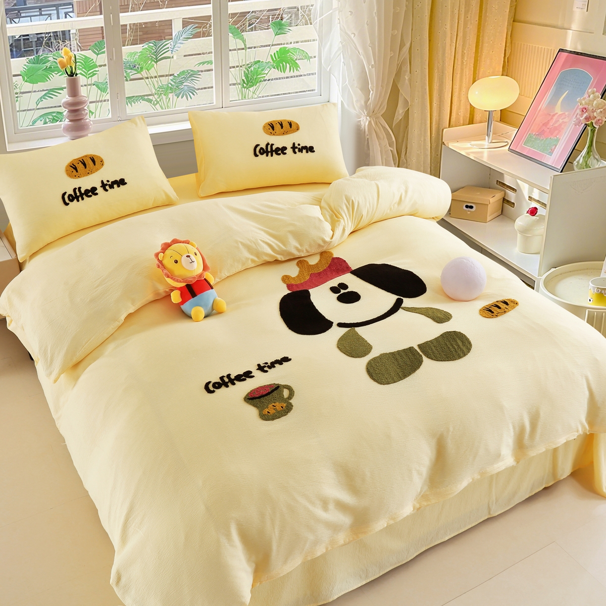 91家纺网 家纺一手货源 找家纺 恋之语 2025新款皱皱纱木棉毛巾绣四件套及单被套系列-乖乖狗 乖乖狗-黄色