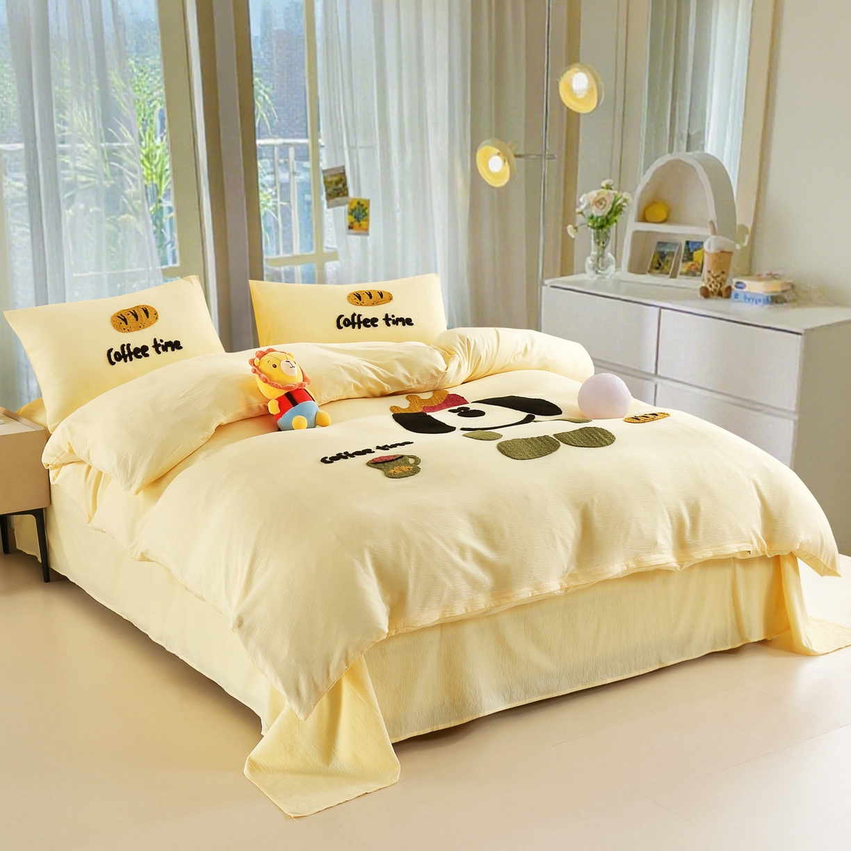 91家纺网 家纺一手货源 找家纺 恋之语 2025新款皱皱纱木棉毛巾绣四件套及单被套系列-乖乖狗 乖乖狗-黄色