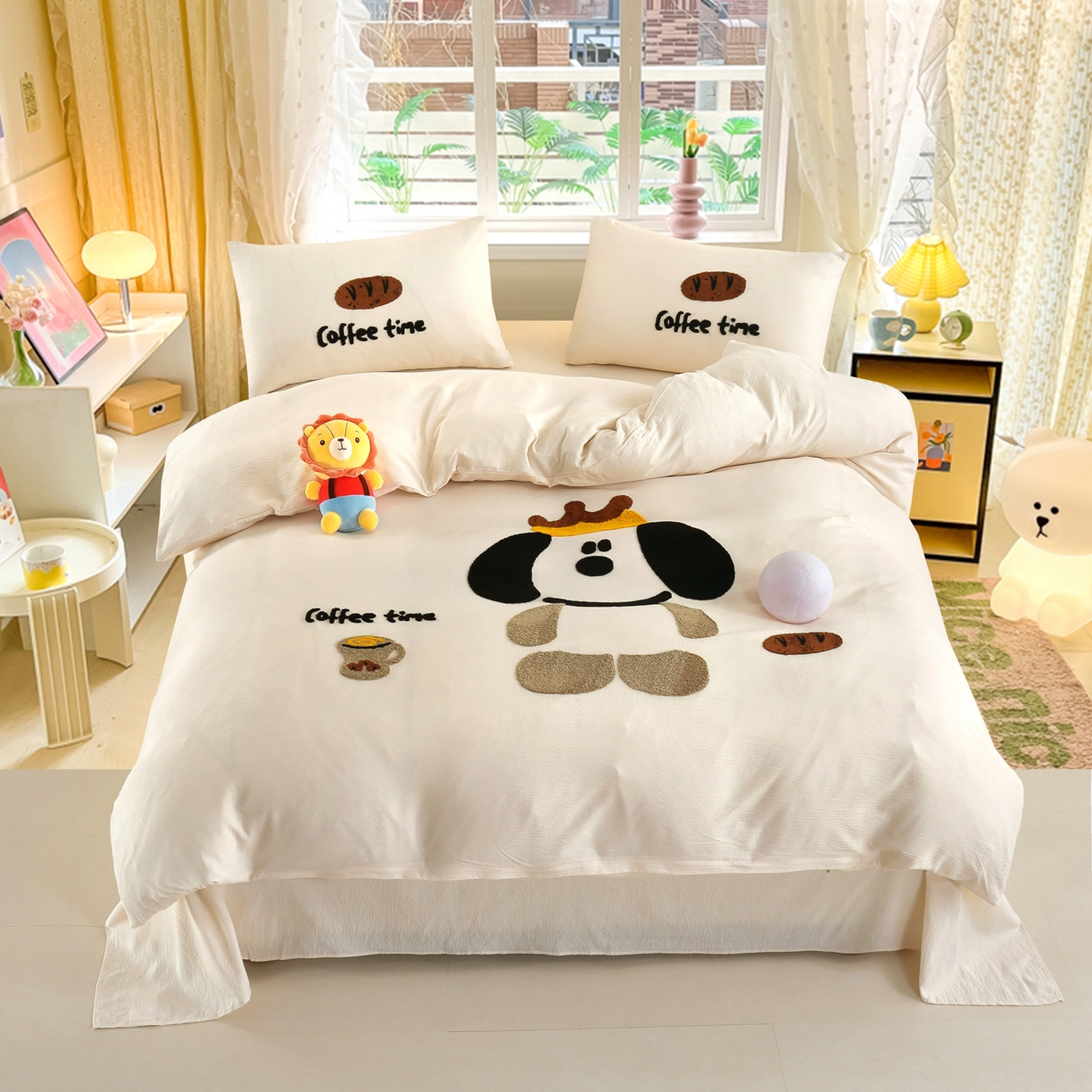 恋之语 2025新款皱皱纱木棉毛巾绣四件套及单被套系列-乖乖狗 乖乖狗-米白