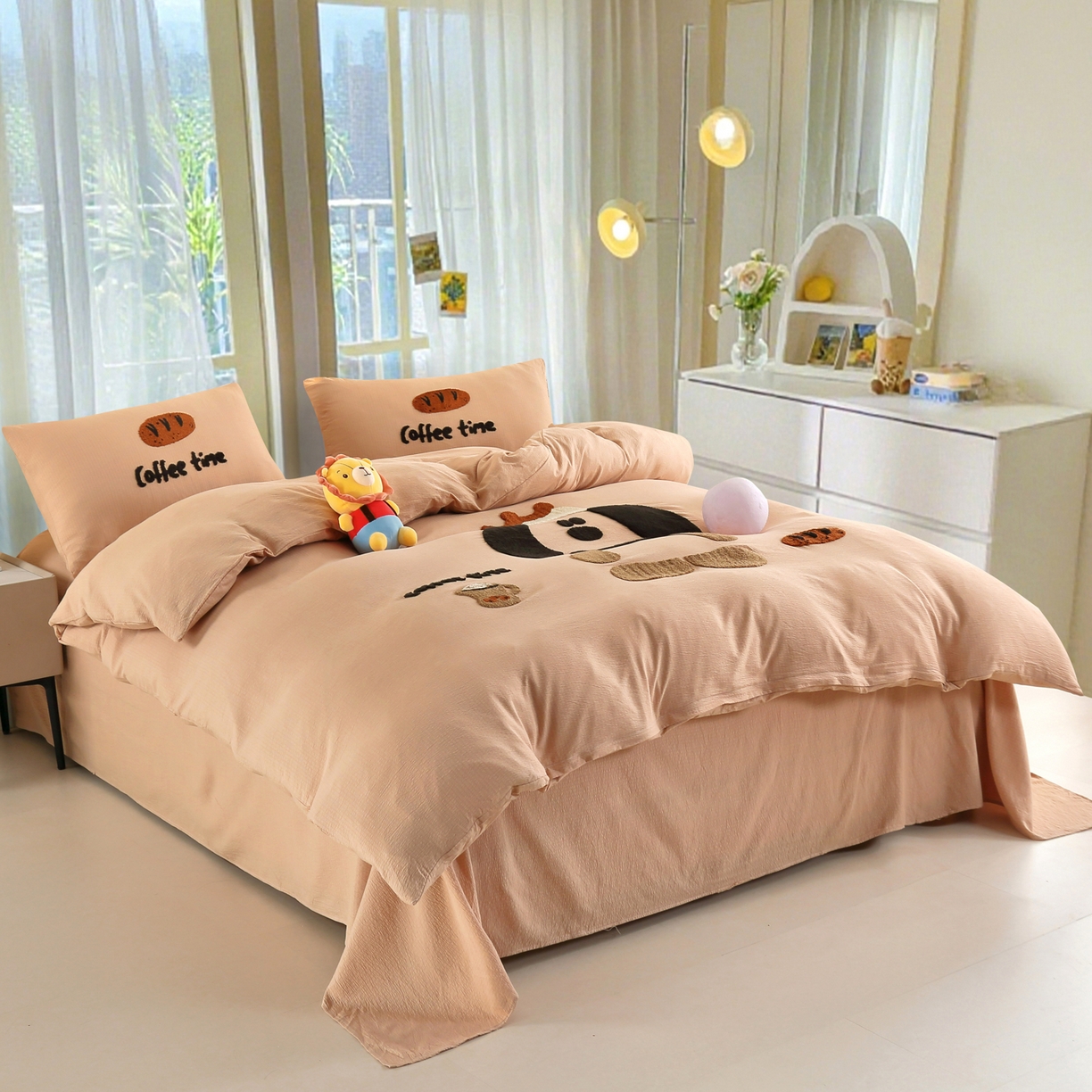 91家纺网 家纺一手货源 找家纺 恋之语 2025新款皱皱纱木棉毛巾绣四件套及单被套系列-乖乖狗 乖乖狗-浅咖