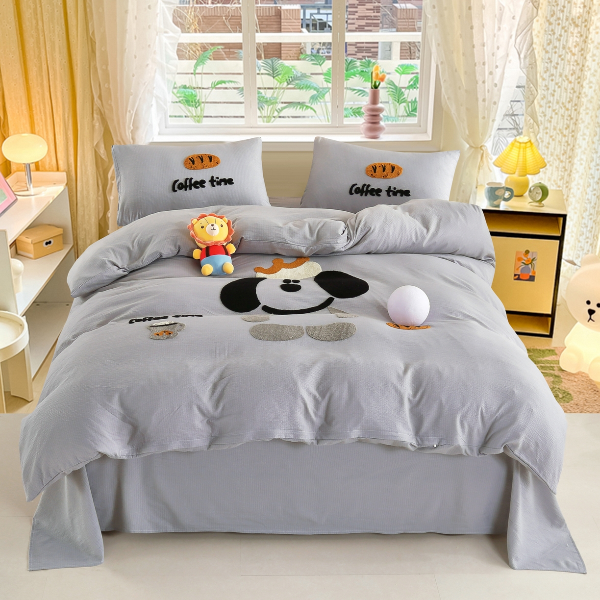 91家纺网 家纺一手货源 找家纺 恋之语 2025新款皱皱纱木棉毛巾绣四件套及单被套系列-乖乖狗 乖乖狗-浅灰