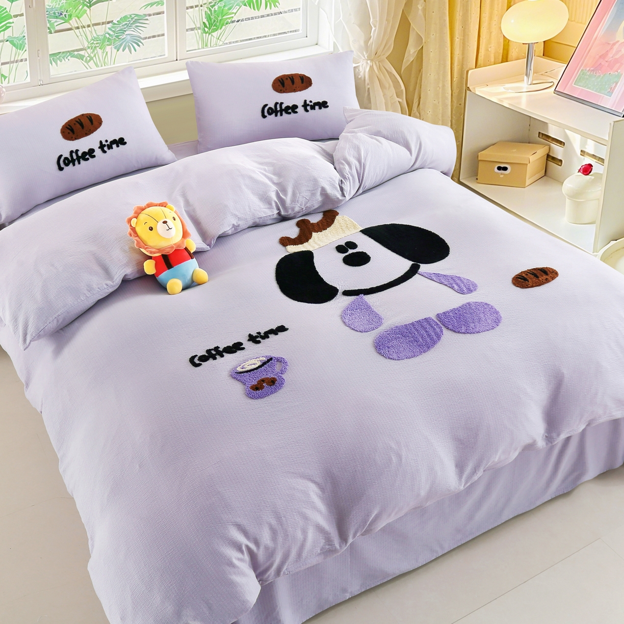 91家纺网 家纺一手货源 找家纺 恋之语 2025新款皱皱纱木棉毛巾绣四件套及单被套系列-乖乖狗 乖乖狗-紫色