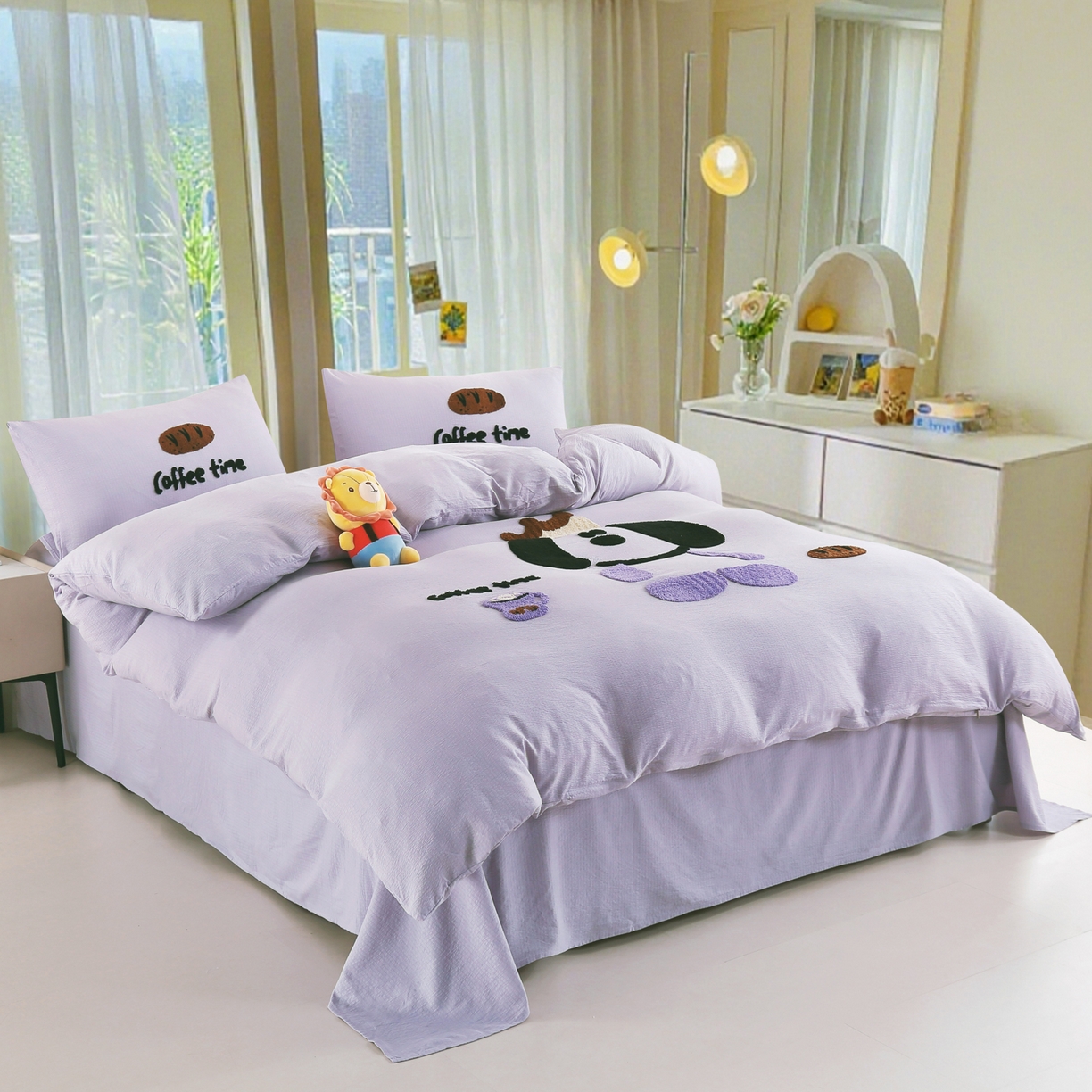 91家纺网 家纺一手货源 找家纺 恋之语 2025新款皱皱纱木棉毛巾绣四件套及单被套系列-乖乖狗 乖乖狗-紫色