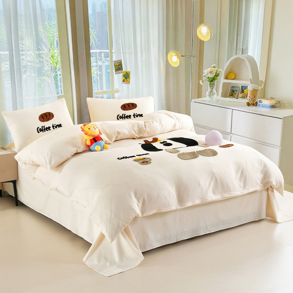 91家纺网 家纺一手货源 找家纺 恋之语 2025新款皱皱纱木棉毛巾绣四件套及单被套系列-乖乖狗 乖乖狗-米白