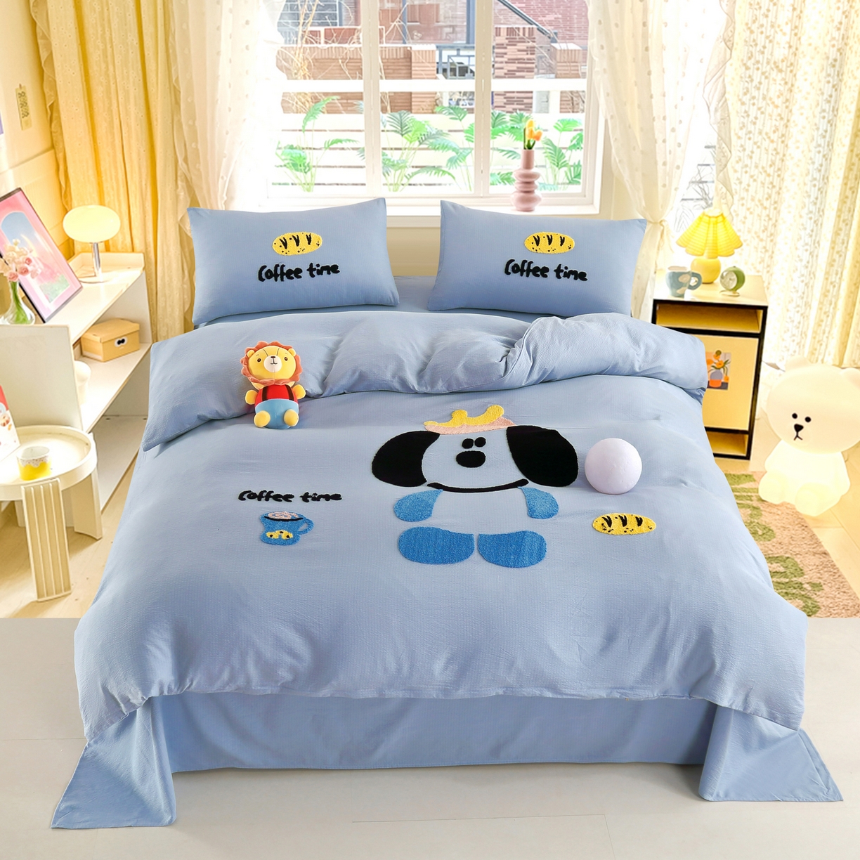 91家纺网 家纺一手货源 找家纺 恋之语 2025新款皱皱纱木棉毛巾绣四件套及单被套系列-乖乖狗 乖乖狗-天蓝