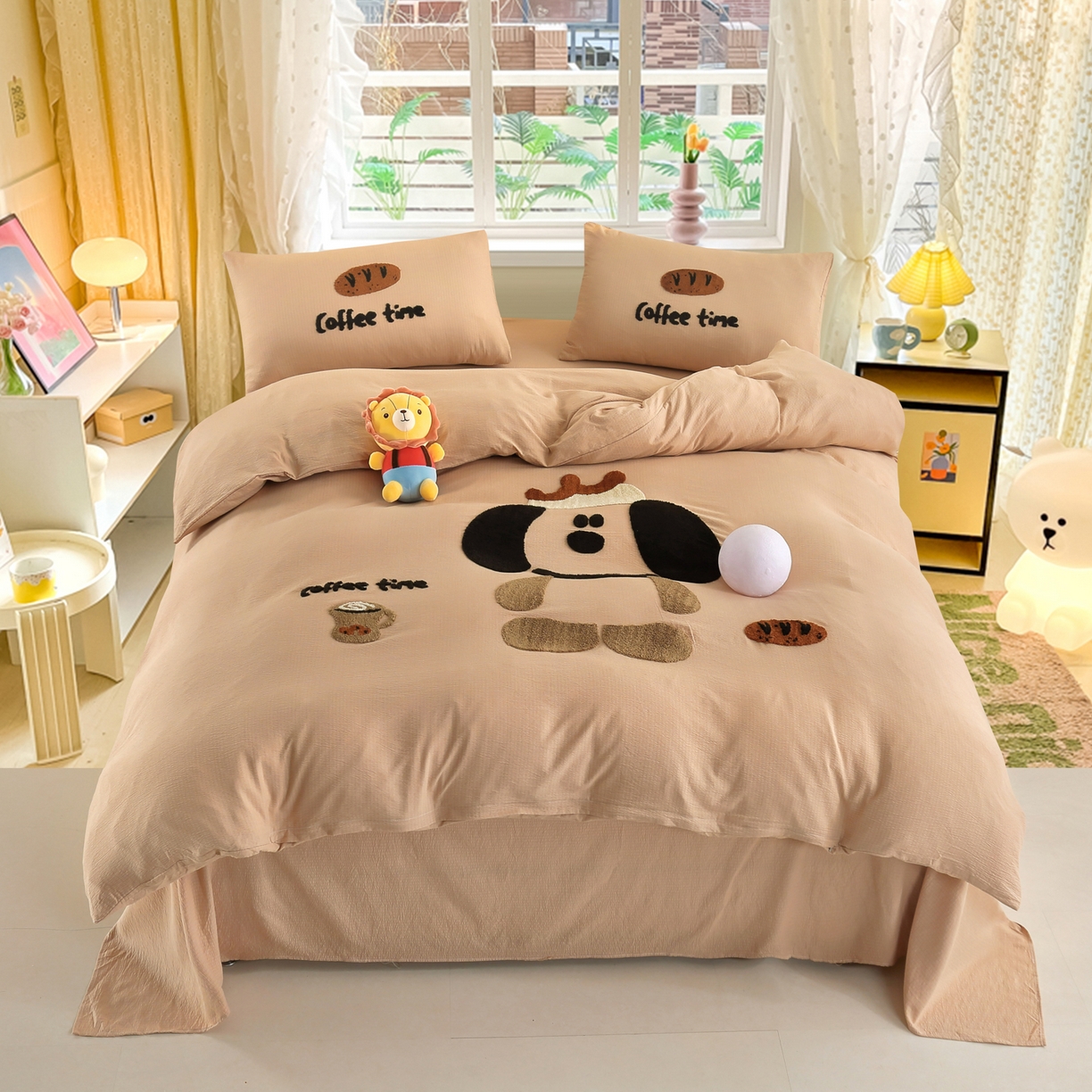 恋之语 2025新款皱皱纱木棉毛巾绣四件套及单被套系列-乖乖狗 乖乖狗-浅咖