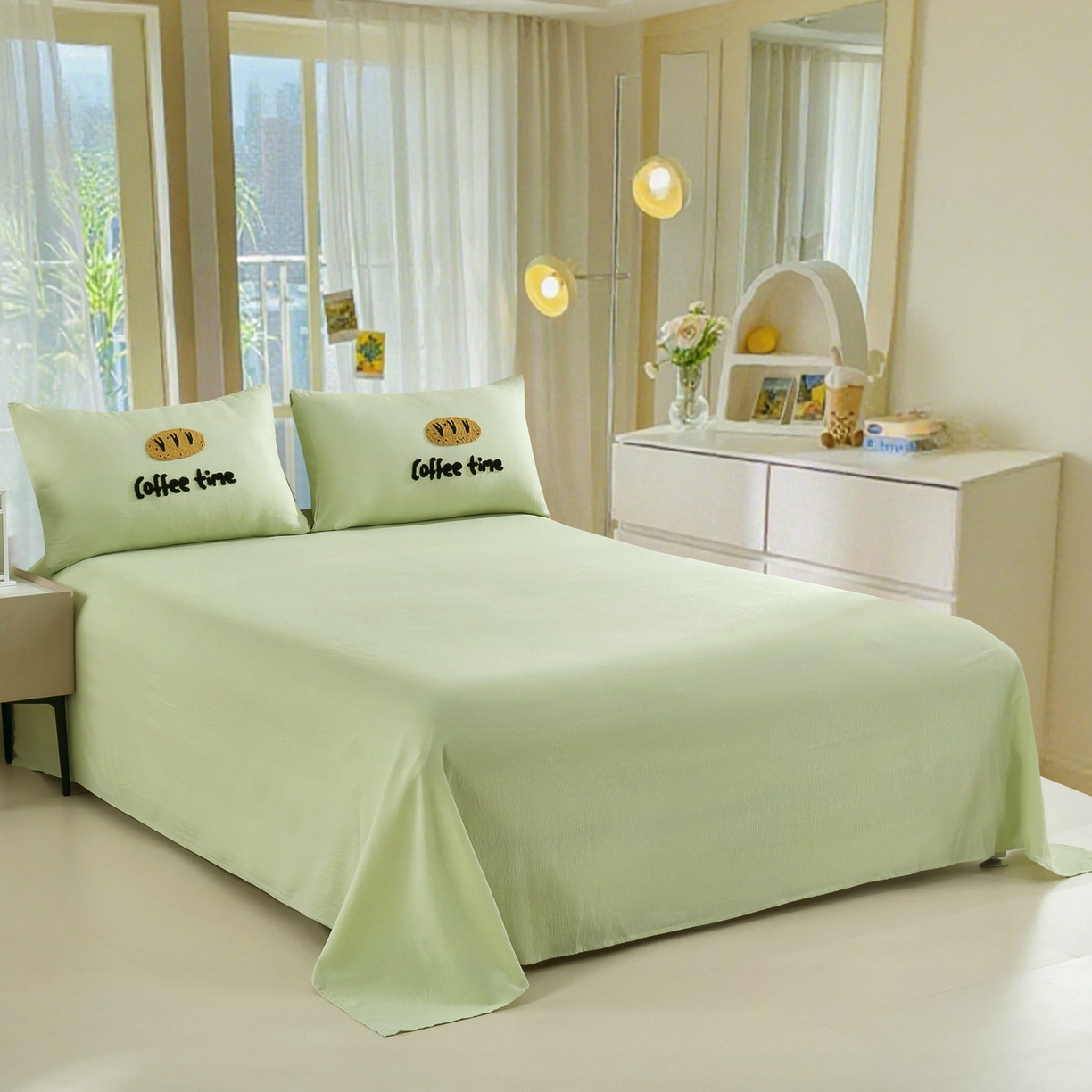 91家纺网 家纺一手货源 找家纺 恋之语 2025新款皱皱纱木棉毛巾绣四件套及单被套系列-乖乖狗 乖乖狗-抹茶绿