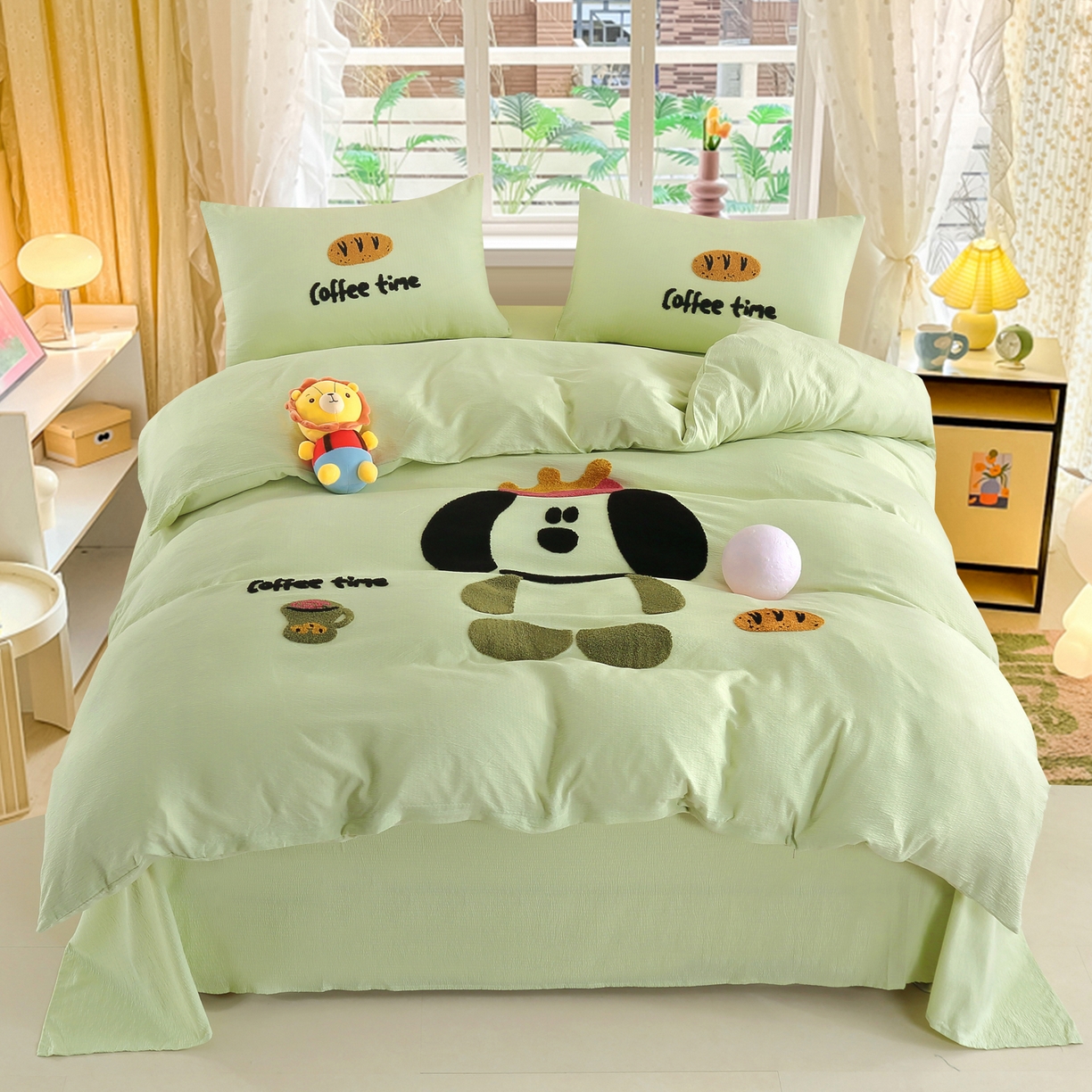 恋之语 2025新款皱皱纱木棉毛巾绣四件套及单被套系列-乖乖狗 乖乖狗-抹茶绿
