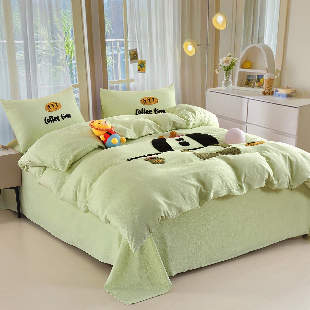 91家纺网 家纺一手货源 找家纺 恋之语 2025新款皱皱纱木棉毛巾绣四件套及单被套系列-乖乖狗 乖乖狗-抹茶绿