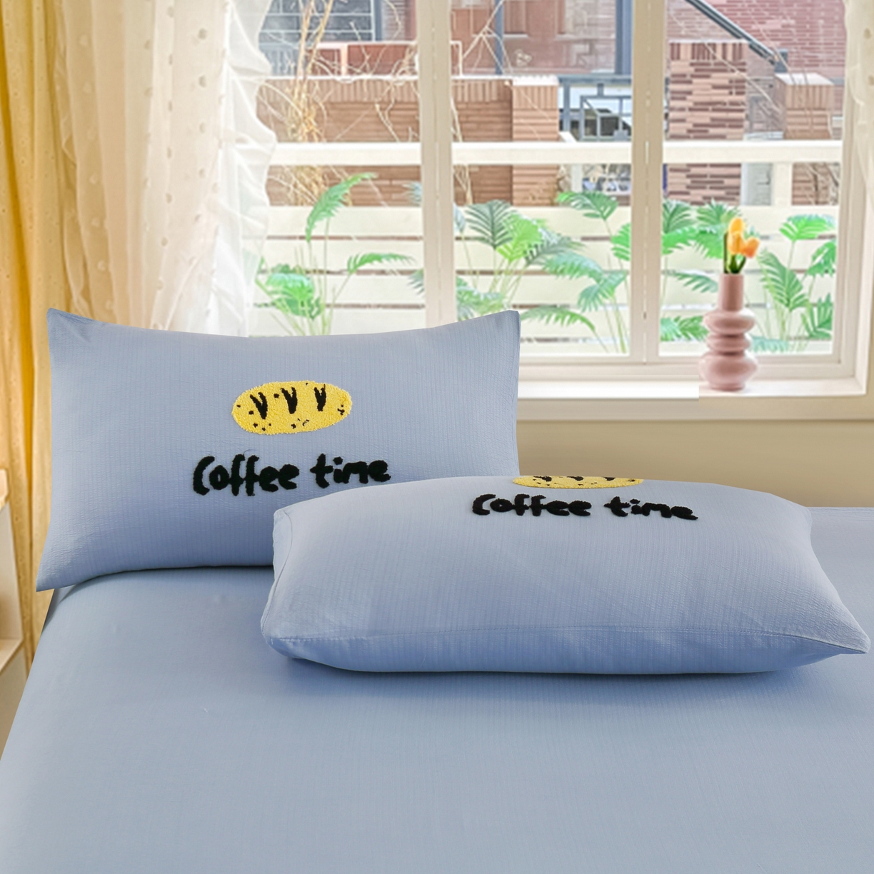 91家纺网 家纺一手货源 找家纺 恋之语 2025新款皱皱纱木棉毛巾绣四件套及单被套系列-乖乖狗 乖乖狗-天蓝