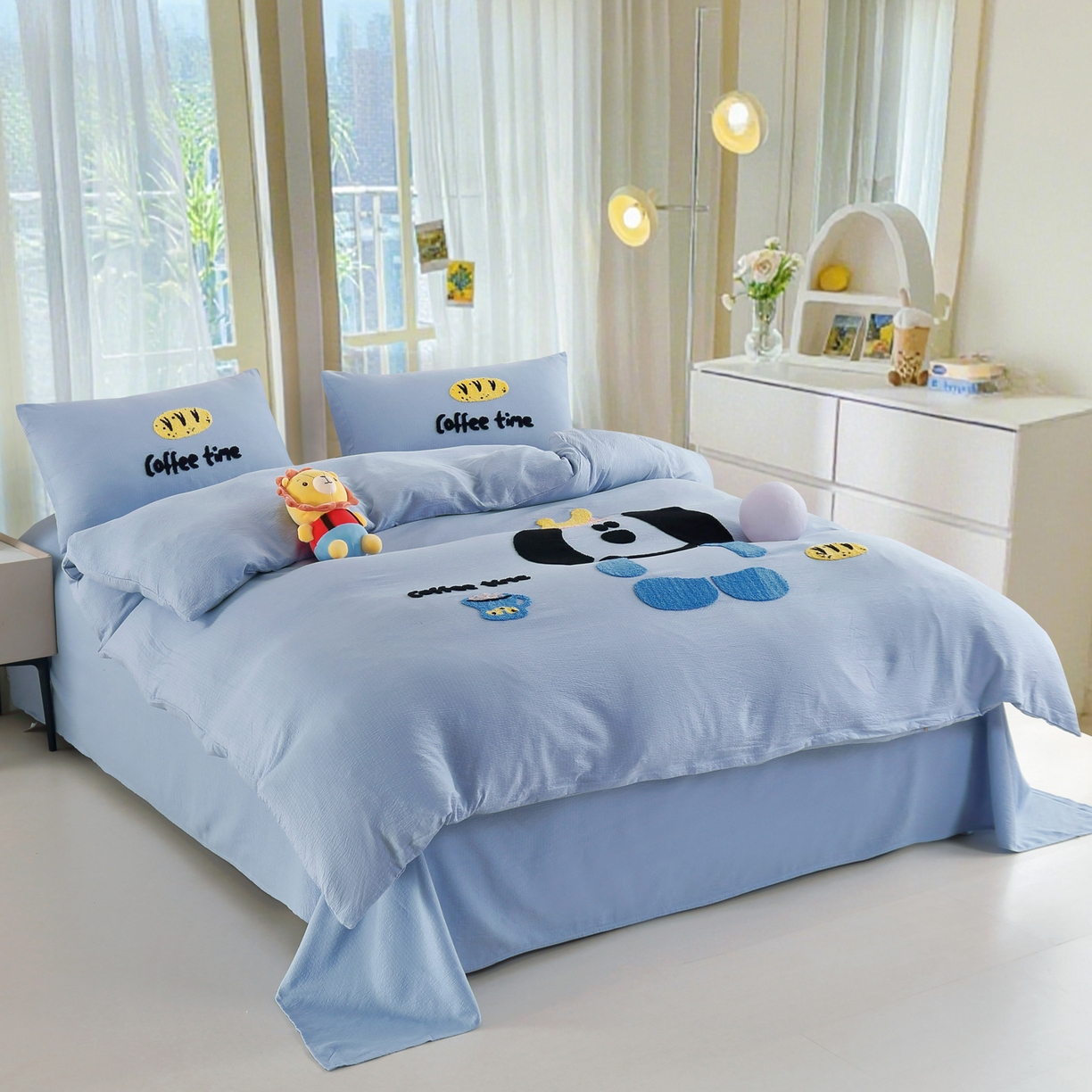 91家纺网 家纺一手货源 找家纺 恋之语 2025新款皱皱纱木棉毛巾绣四件套及单被套系列-乖乖狗 乖乖狗-天蓝